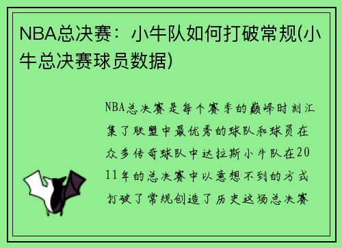 NBA总决赛：小牛队如何打破常规(小牛总决赛球员数据)
