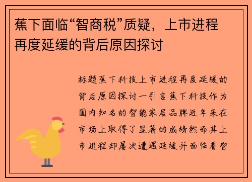 蕉下面临“智商税”质疑，上市进程再度延缓的背后原因探讨