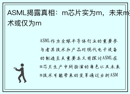 ASML揭露真相：m芯片实为m，未来m技术或仅为m
