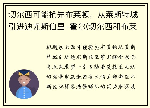 切尔西可能抢先布莱顿，从莱斯特城引进迪尤斯伯里-霍尔(切尔西和布莱顿)