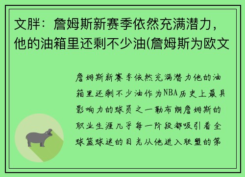 文胖：詹姆斯新赛季依然充满潜力，他的油箱里还剩不少油(詹姆斯为欧文)