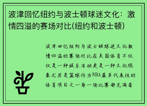 波津回忆纽约与波士顿球迷文化：激情四溢的赛场对比(纽约和波士顿)