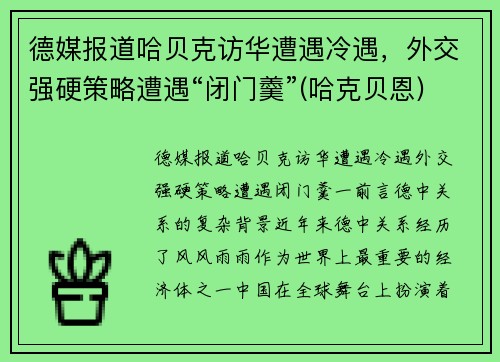 德媒报道哈贝克访华遭遇冷遇，外交强硬策略遭遇“闭门羹”(哈克贝恩)