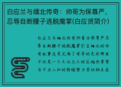 白应兰与缅北传奇：帅哥为保尊严，忍辱自断腰子逃脱魔掌(白应贤简介)