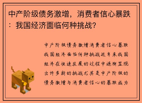 中产阶级债务激增，消费者信心暴跌：我国经济面临何种挑战？