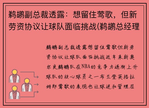 鹈鹕副总裁透露：想留住莺歌，但新劳资协议让球队面临挑战(鹈鹕总经理是谁)