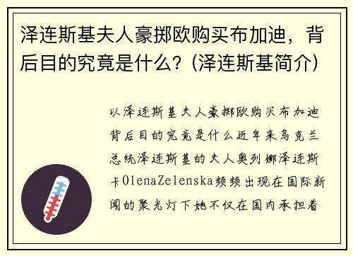 泽连斯基夫人豪掷欧购买布加迪，背后目的究竟是什么？(泽连斯基简介)