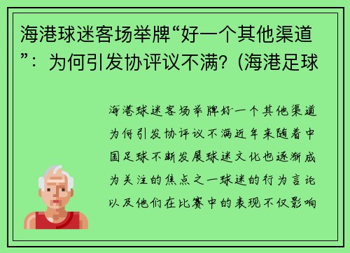 海港球迷客场举牌“好一个其他渠道”：为何引发协评议不满？(海港足球比赛直播)