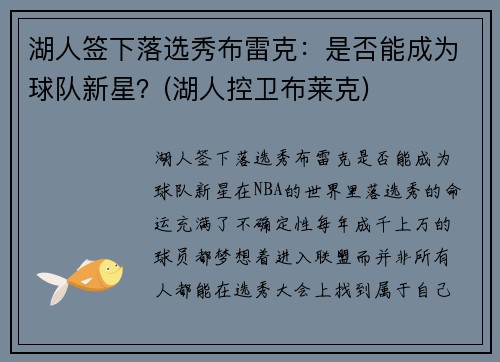 湖人签下落选秀布雷克：是否能成为球队新星？(湖人控卫布莱克)