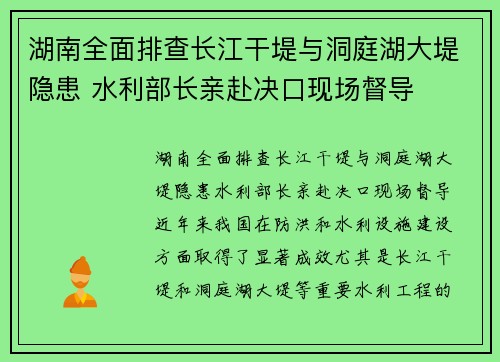 湖南全面排查长江干堤与洞庭湖大堤隐患 水利部长亲赴决口现场督导