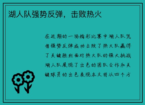 湖人队强势反弹，击败热火