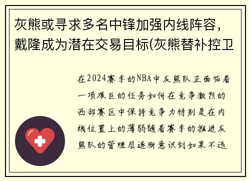 灰熊或寻求多名中锋加强内线阵容，戴隆成为潜在交易目标(灰熊替补控卫)