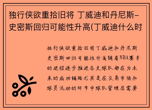 独行侠欲重拾旧将 丁威迪和丹尼斯-史密斯回归可能性升高(丁威迪什么时候回归)