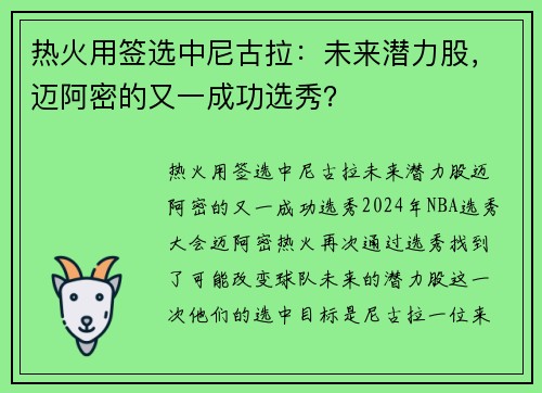 热火用签选中尼古拉：未来潜力股，迈阿密的又一成功选秀？
