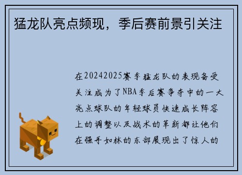 猛龙队亮点频现，季后赛前景引关注