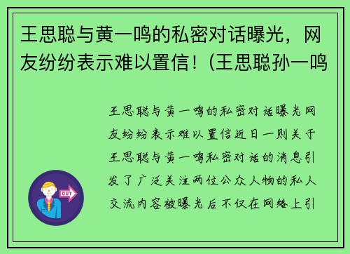 王思聪与黄一鸣的私密对话曝光，网友纷纷表示难以置信！(王思聪孙一鸣聊天记录)