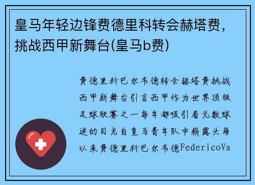 皇马年轻边锋费德里科转会赫塔费，挑战西甲新舞台(皇马b费)