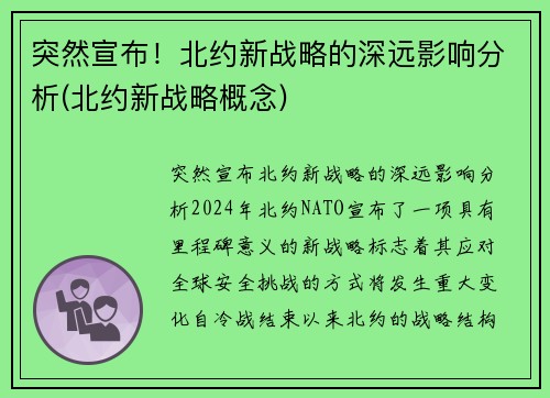 突然宣布！北约新战略的深远影响分析(北约新战略概念)