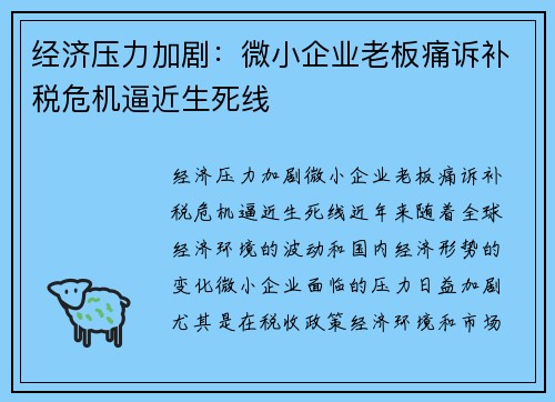 经济压力加剧：微小企业老板痛诉补税危机逼近生死线