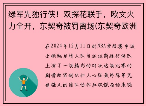 绿军先独行侠！双探花联手，欧文火力全开，东契奇被罚离场(东契奇欧洲冠军)