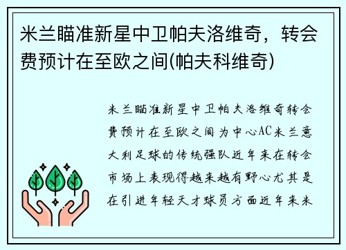 米兰瞄准新星中卫帕夫洛维奇，转会费预计在至欧之间(帕夫科维奇)
