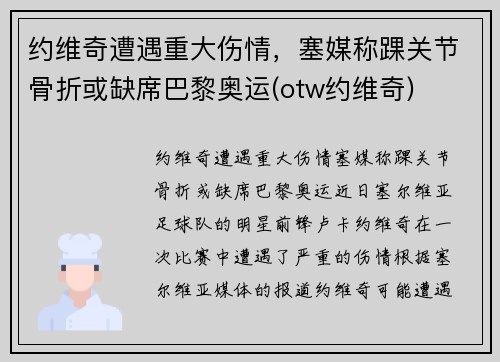 约维奇遭遇重大伤情，塞媒称踝关节骨折或缺席巴黎奥运(otw约维奇)