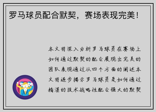 罗马球员配合默契，赛场表现完美！