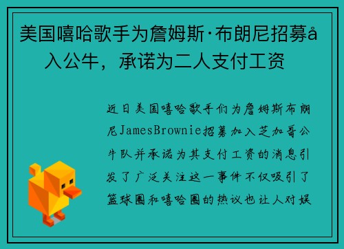 美国嘻哈歌手为詹姆斯·布朗尼招募加入公牛，承诺为二人支付工资