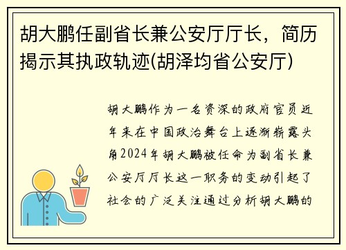 胡大鹏任副省长兼公安厅厅长，简历揭示其执政轨迹(胡泽均省公安厅)