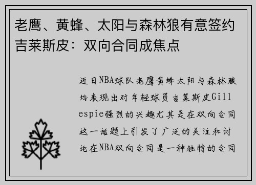 老鹰、黄蜂、太阳与森林狼有意签约吉莱斯皮：双向合同成焦点