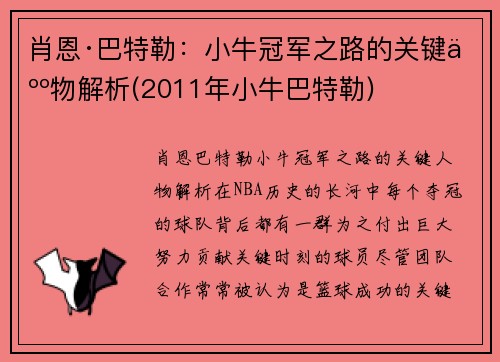 肖恩·巴特勒：小牛冠军之路的关键人物解析(2011年小牛巴特勒)
