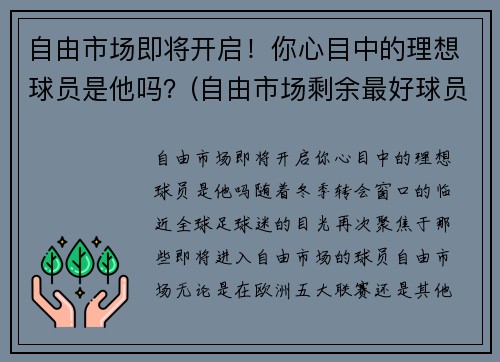自由市场即将开启！你心目中的理想球员是他吗？(自由市场剩余最好球员)