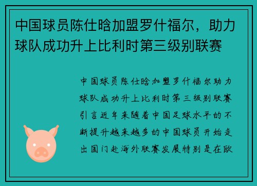 中国球员陈仕晗加盟罗什福尔，助力球队成功升上比利时第三级别联赛
