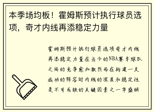 本季场均板！霍姆斯预计执行球员选项，奇才内线再添稳定力量