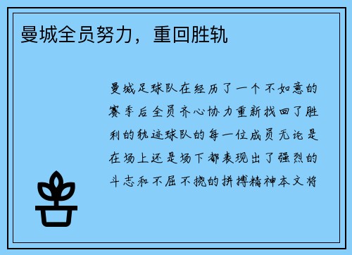 曼城全员努力，重回胜轨